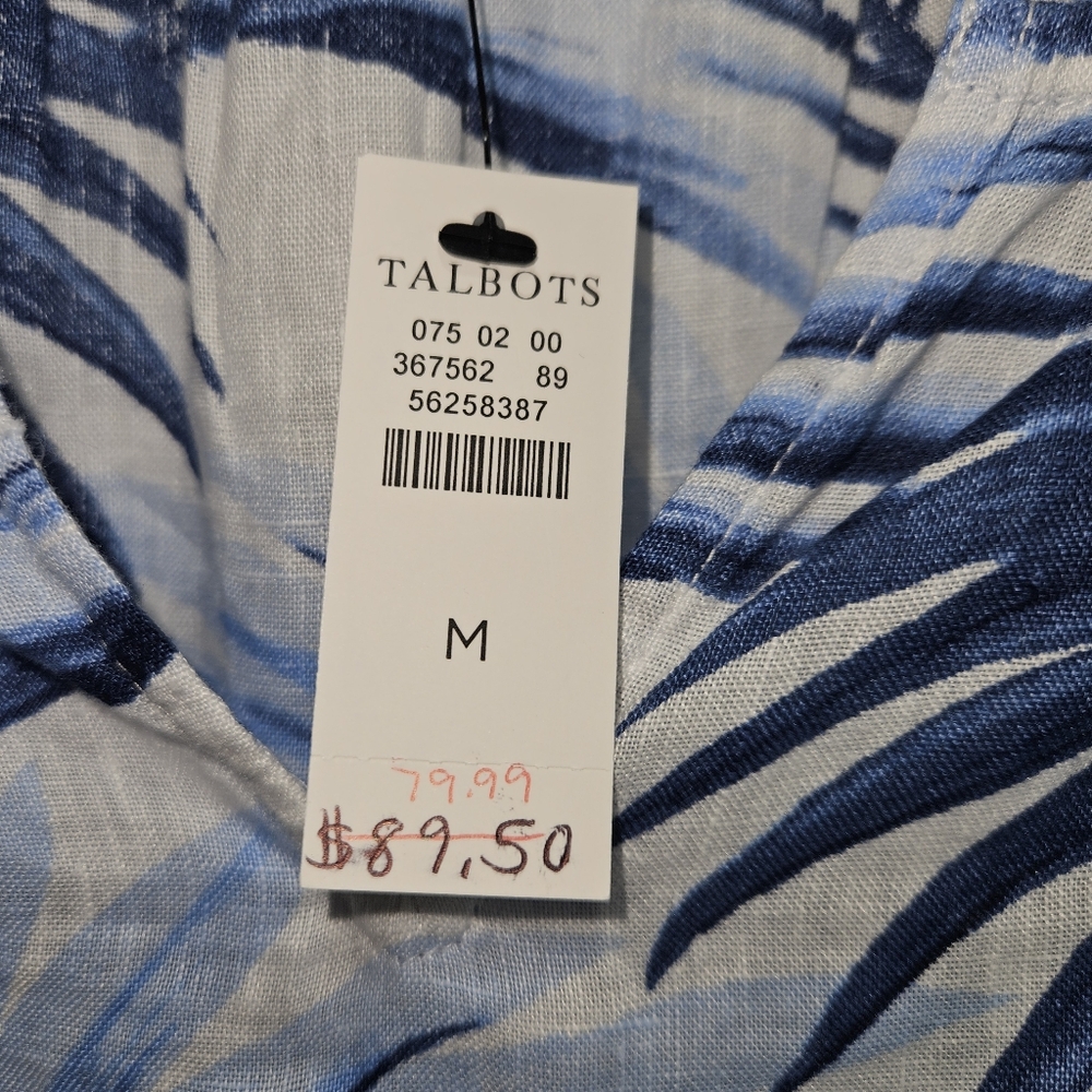 NWT! Talbots Linen Blouse Tropical Print Blue Womens Size Medium NEW - Picture 5 of 14